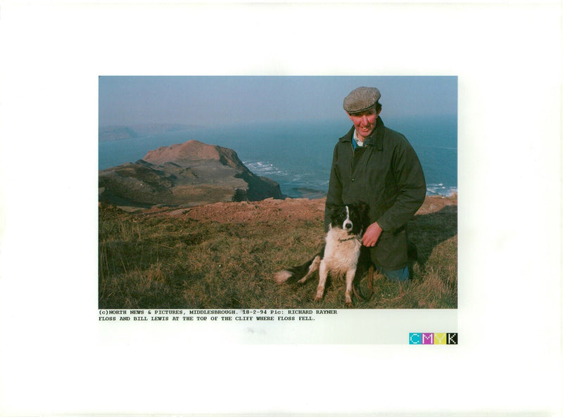 Bill Lewis with his sheepdog "Floss" at the top of cliff where "Floss" fell, 18.02.1994. - Vintage Photograph