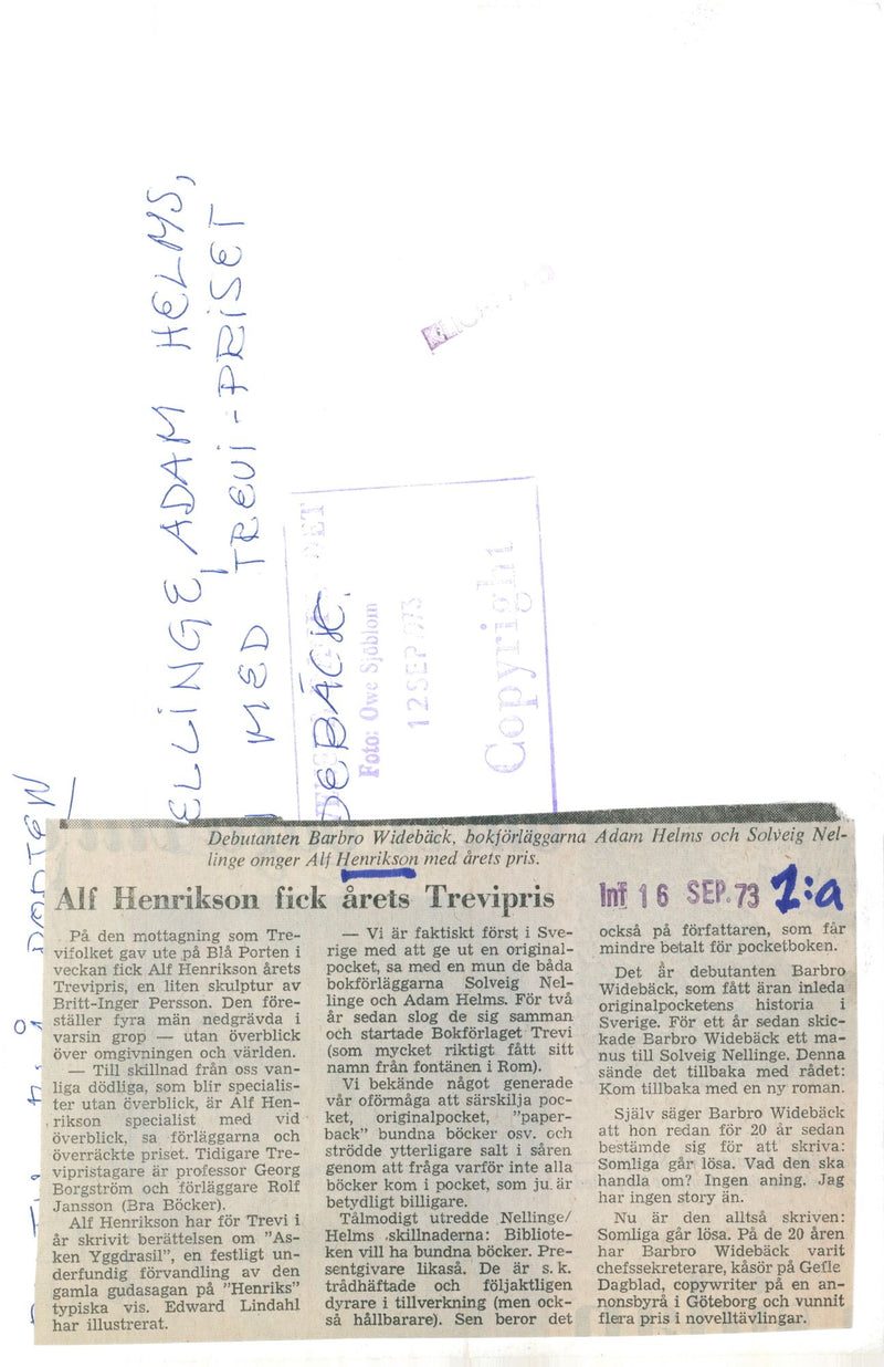 Swedish writer Alf Henriksson shows off his newly-won Trevi Prize. - Vintage Photograph