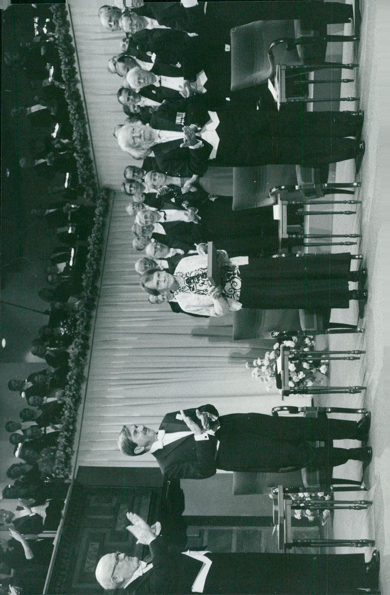 Barbara McClintock receives tribute to the award ceremony in the Concert Hall surrounded by physics winner William Fowler, chemist Henry Taube and literary prize winner William Golding - Vintage Photograph