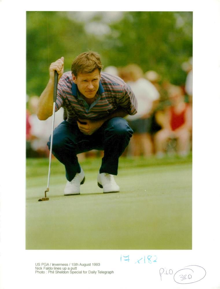 English golfer Nick Faldo lines up a putt - Vintage Photograph