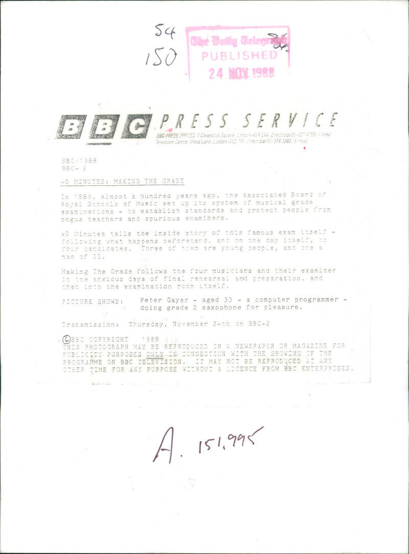 musical insytrument saxophone: 40 minutes making the grades. - Vintage Photograph