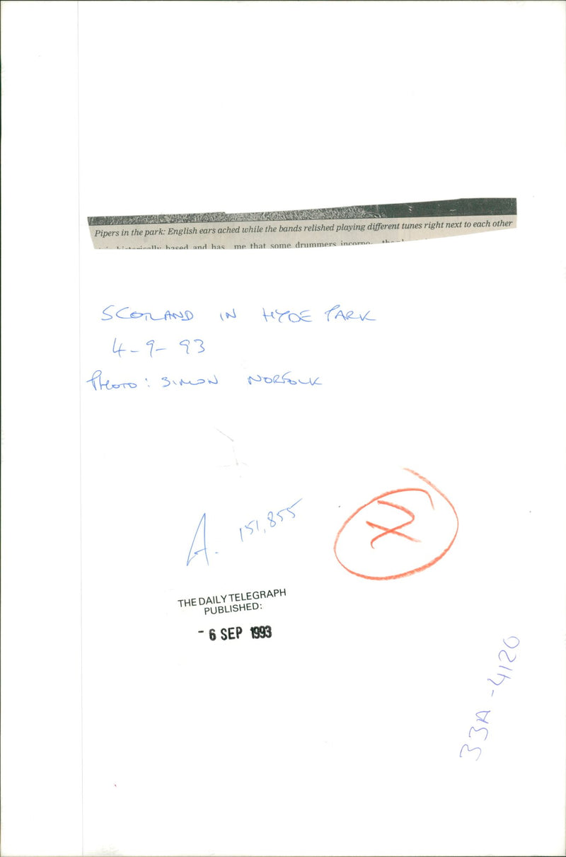 musical instruments bag pipes: pipers in the park. - Vintage Photograph