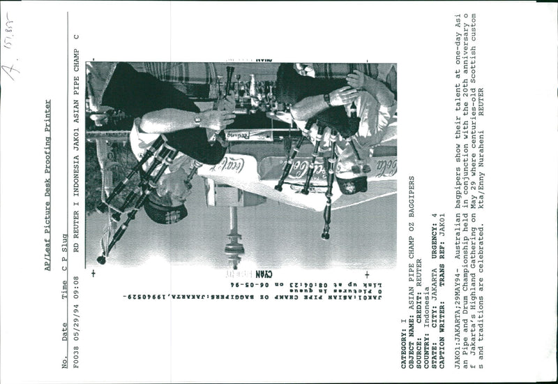 musical instruments bag pipes: asian camp pipes oz bag pipes. - Vintage Photograph