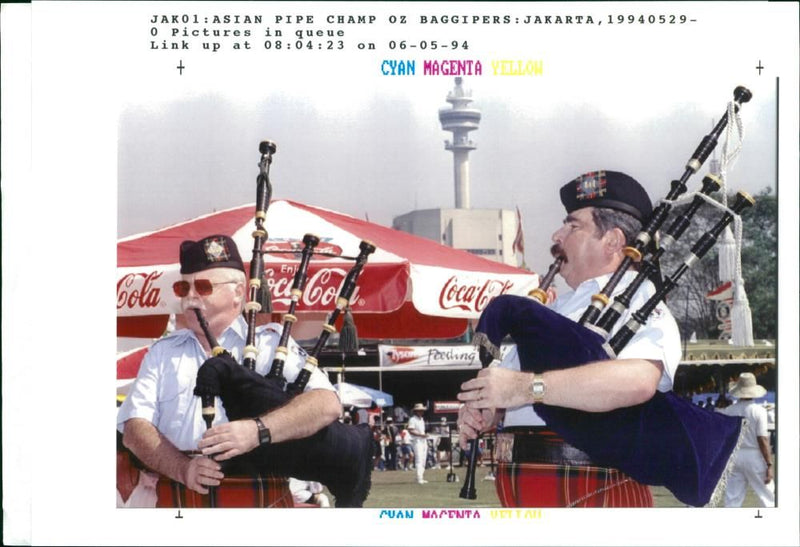 musical instruments bag pipes: asian camp pipes oz bag pipes. - Vintage Photograph