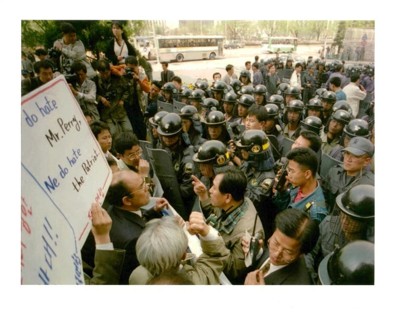 South Korean Army anti US protester confront. - Vintage Photograph