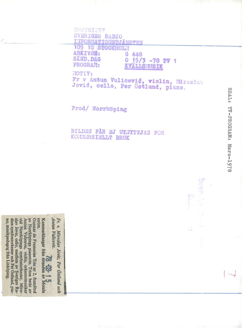 Antun Vuloicevic, Miroslav Jovic and Per Ãstlund in "Evening Music" - Vintage Photograph