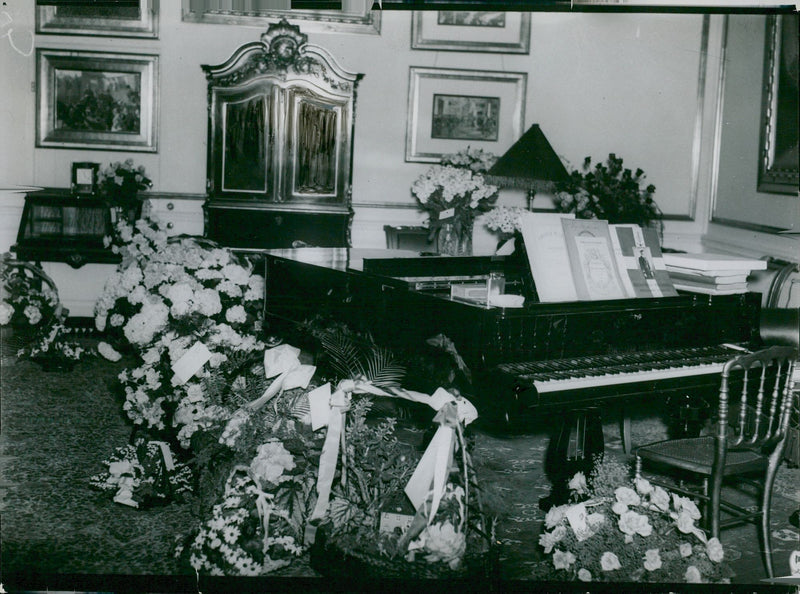 Crown Prince Frederik of Denmark and Princess Ingrid of Sweden's Music Room filled with flowers after their wedding in Stockholm - Vintage Photograph