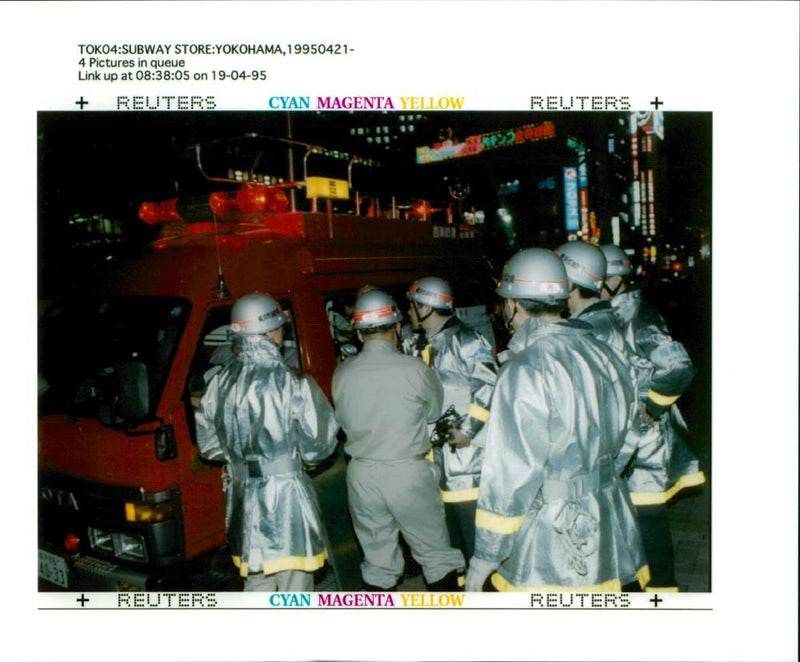 Yokohama Under Ground Gas Attack Rescue workers Gather In Front Of department store. - Vintage Photograph