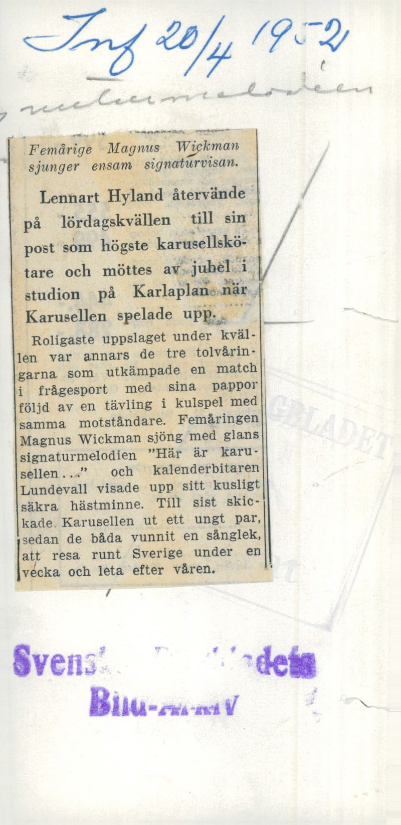 Five-year-old Magnus Wickman sings alone signature - Vintage Photograph