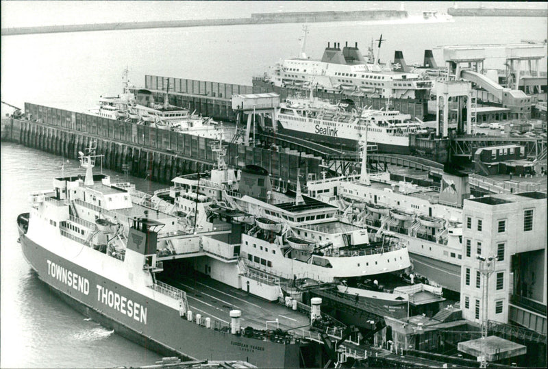 Ferries crowd the Eastern Dock at Dover. - Vintage Photograph