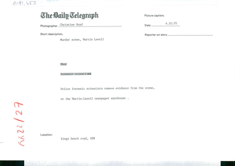 Murder scene, Martin Lavell. - Vintage Photograph