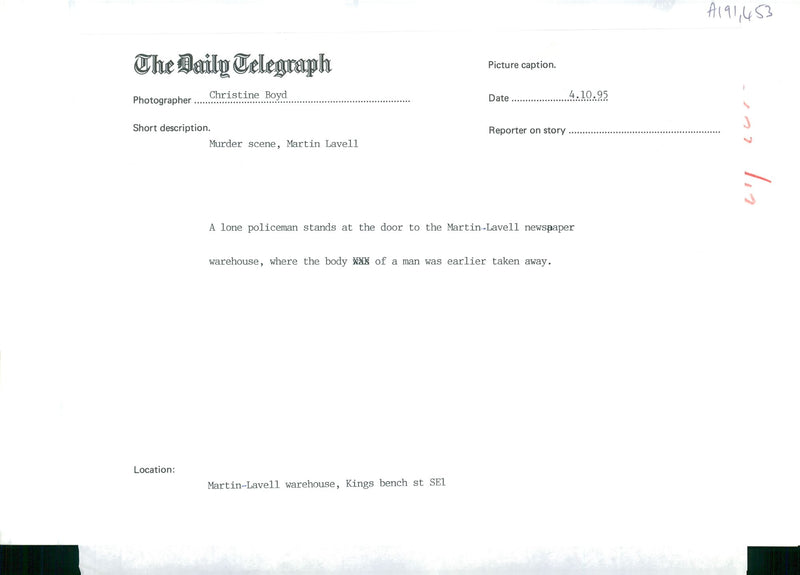 Murder scene, Martin Lavell. - Vintage Photograph