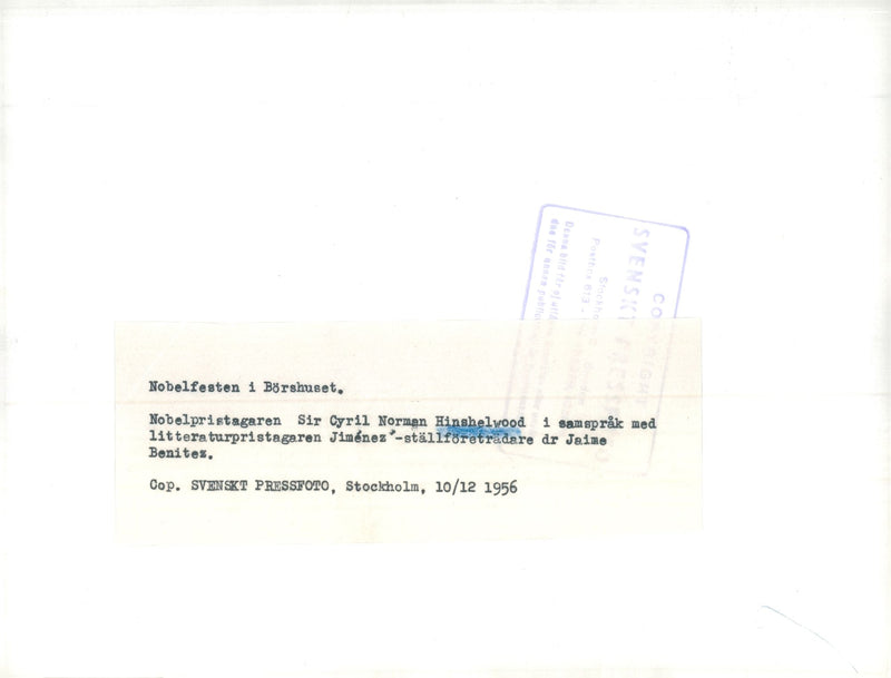 Nobel laureate Cyril Hinshelwood in concert with literature priest JimÃ©nez during the Nobel Peace Prize in BÃ¶rshuset - Vintage Photograph