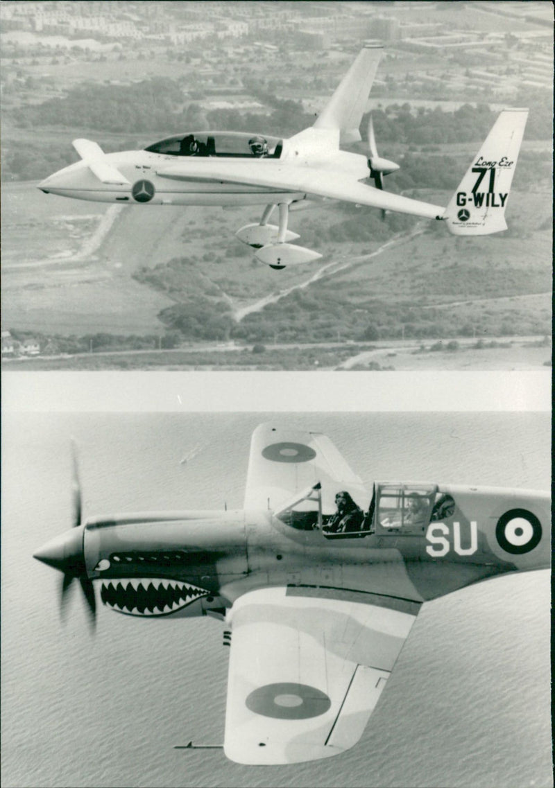 Rutan Long-EZ (top) and Curtiss P-40 Warhawk in race - Vintage Photograph