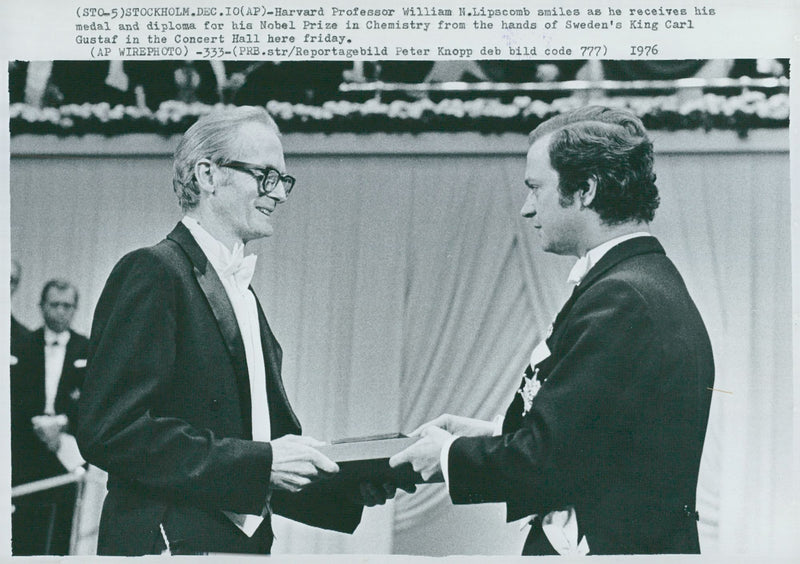 William Lipscomb receives the Nobel Prize by King Carl XVI Gustaf in Stockholm Concert Hall - Vintage Photograph