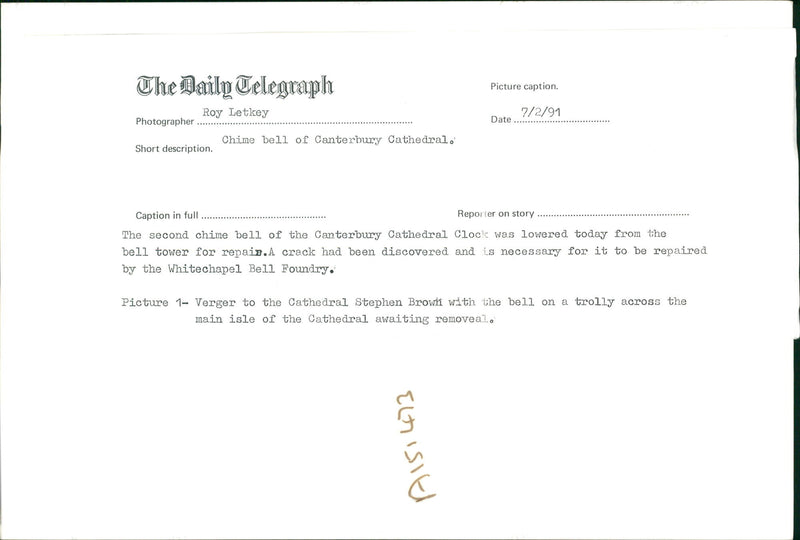 Bell Musical instrument:Chime bell of canterbury cathderal. - Vintage Photograph