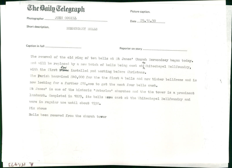 Bell Musical instrument:The berhondsey Bells. - Vintage Photograph