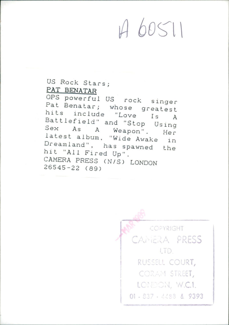 Pat Benatar American singer-songwriter - Vintage Photograph