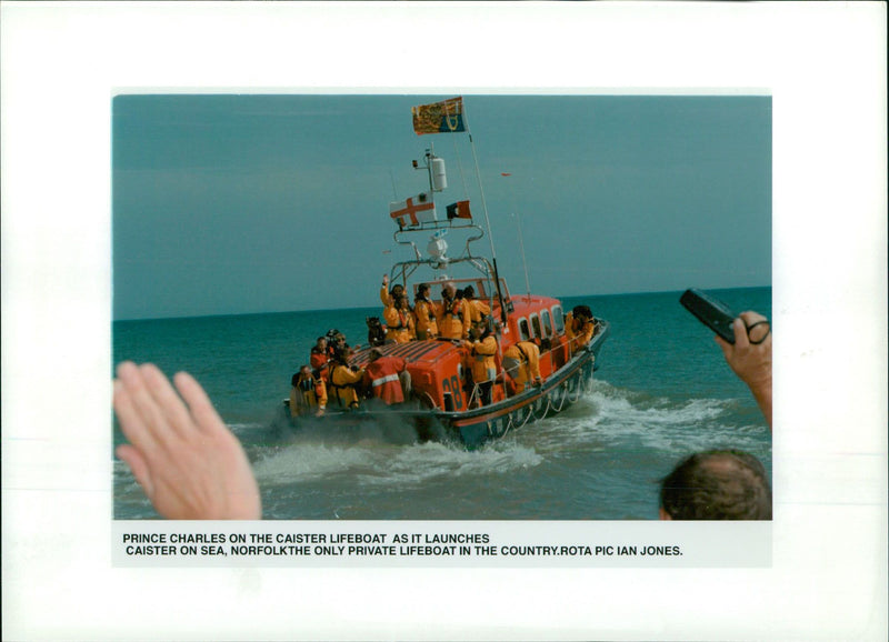 Lifeboat Shipboard:Prince charles on the caister lifeboat. - Vintage Photograph