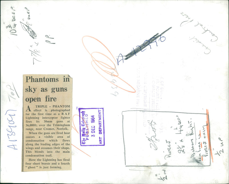 Lightning Strike On Aircraft:Phantoms in sky as guns open fire. - Vintage Photograph