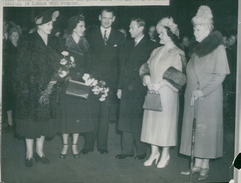 King Frederik and Queen Ingrid of Denmark are received by King George Queen Elizabeth and widow queen Mary upon their arrival in London - Vintage Photograph