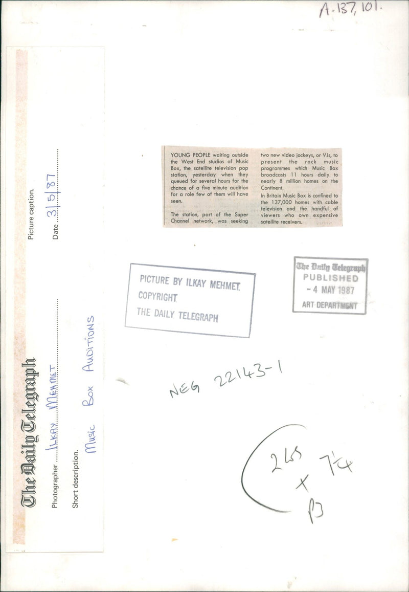 Music box audition. young people waiting outside. - Vintage Photograph