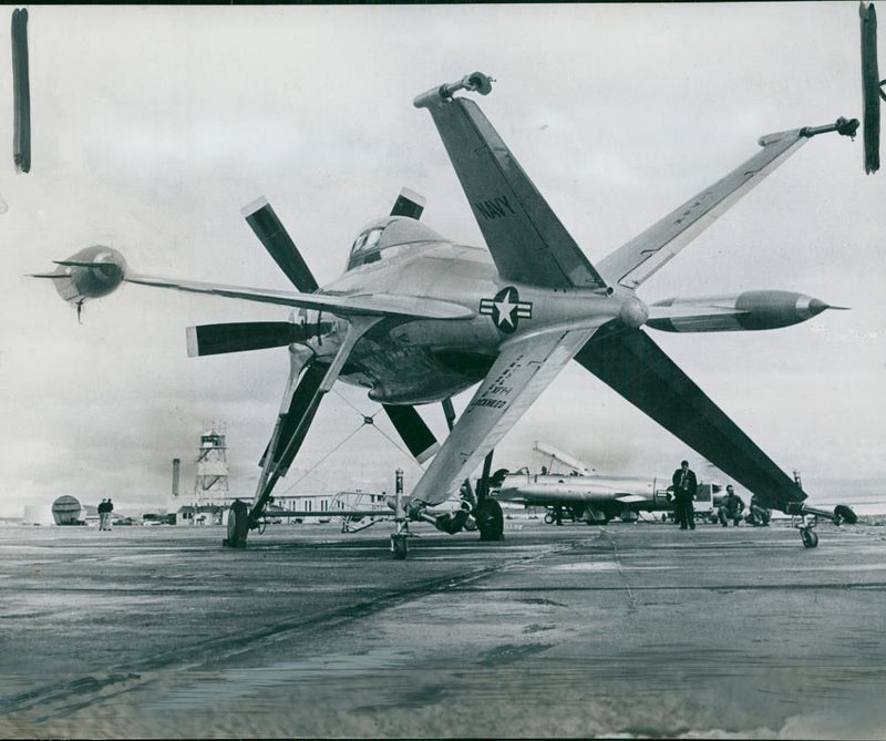 Aircraft:lockheed xfv-1, vertical take off fighter resting  on a temporary under carriage. - Vintage Photograph