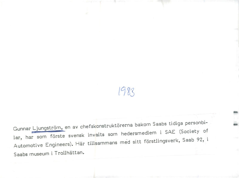 Gunnar Ljungström, with his premiere, Saab 92, in Saab's museum in Trollhättan - Vintage Photograph