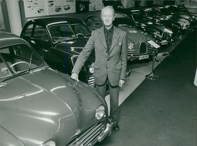 Gunnar Ljungström, with his premiere, Saab 92, in Saab's museum in Trollhättan - Vintage Photograph