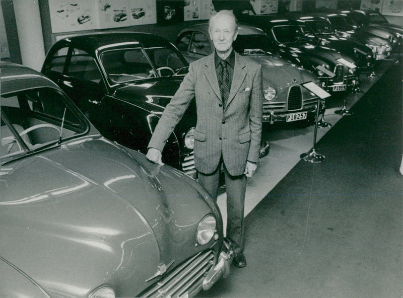 Gunnar LjungstrÃ¶m, with his premiere, Saab 92, in Saab's museum in TrollhÃ¤ttan - Vintage Photograph