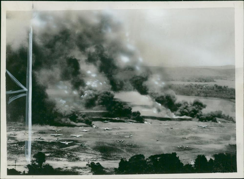 newguinea lae:japanese grounded planes set on fire - Vintage Photograph