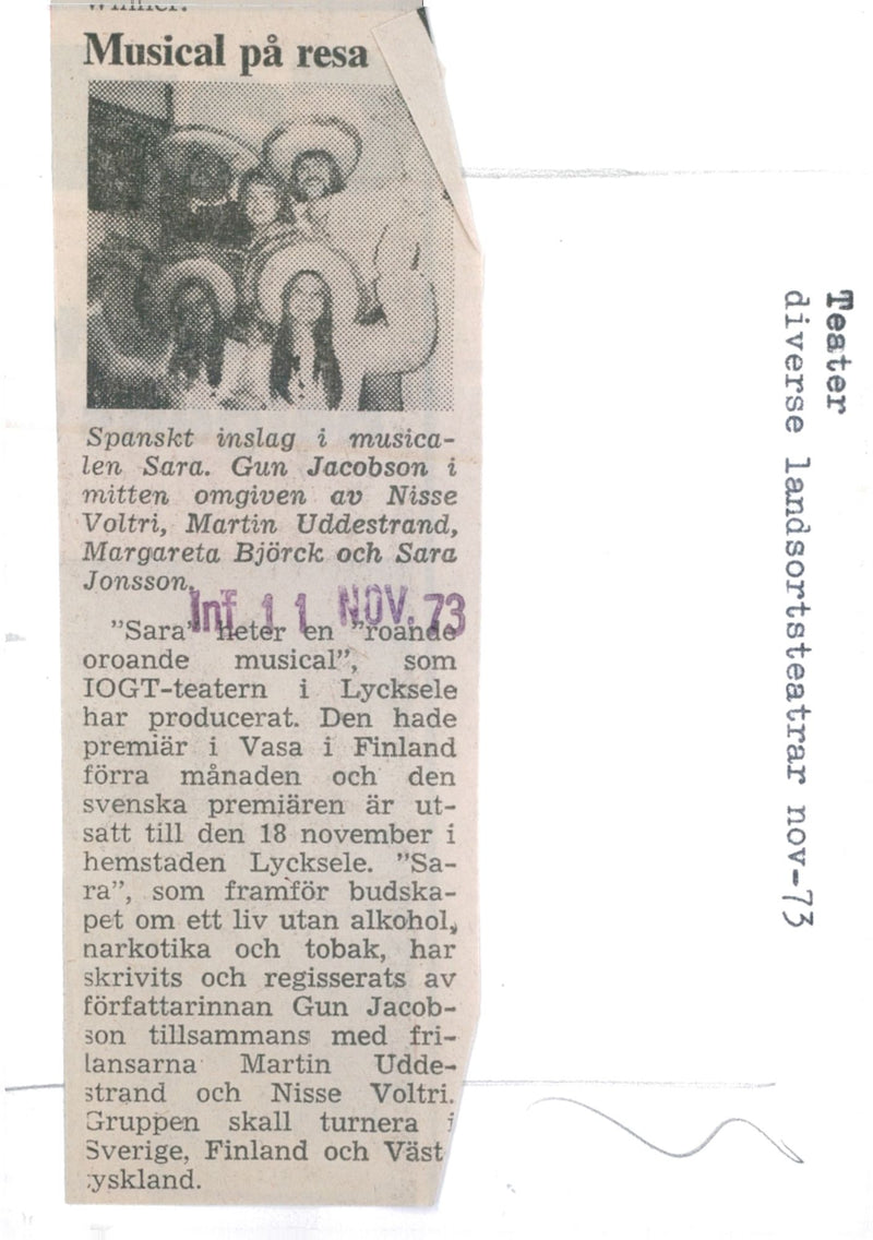 Spanish element in the musical "Sara" with Gun Jacobson, Nisse Voltri, Martin Uddestrand, Margareta BjÃ¶rck and Sara Jonsson. - Vintage Photograph