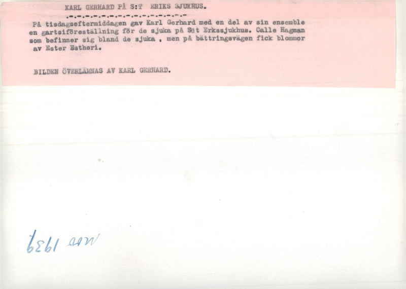 Esther Estheri handed a flower bouquet to Calle Hagman at Karl Gerhard's free concert at S.t. Eriks Hospital - Vintage Photograph