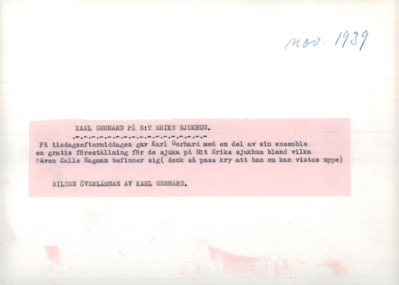 Karl Gerhard gives a free concert at St. Eriks Hospital - Vintage Photograph