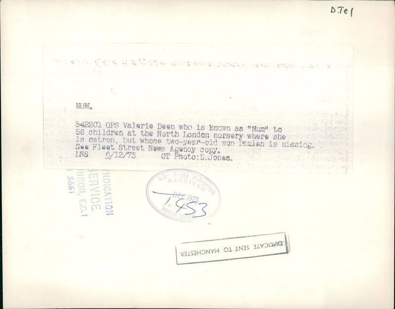 Murdered And Missing Persons 1973:Valerie Deen. - Vintage Photograph