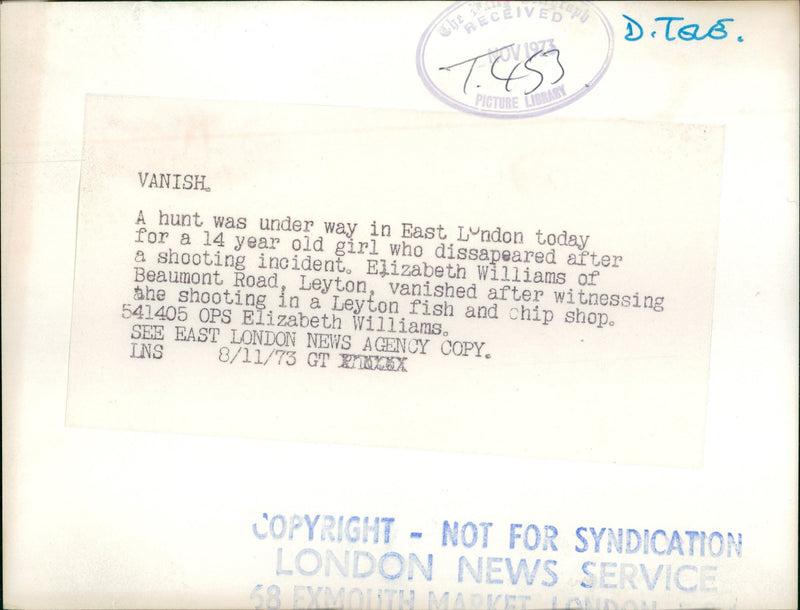 Murdered And Missing Persons 1973:Elizabeth Williams. - Vintage Photograph