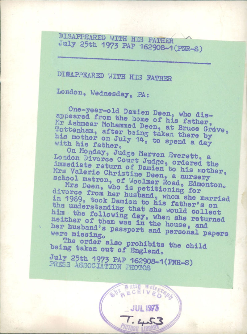 Murdered And Missing Persons 1973:Damien Deen. - Vintage Photograph