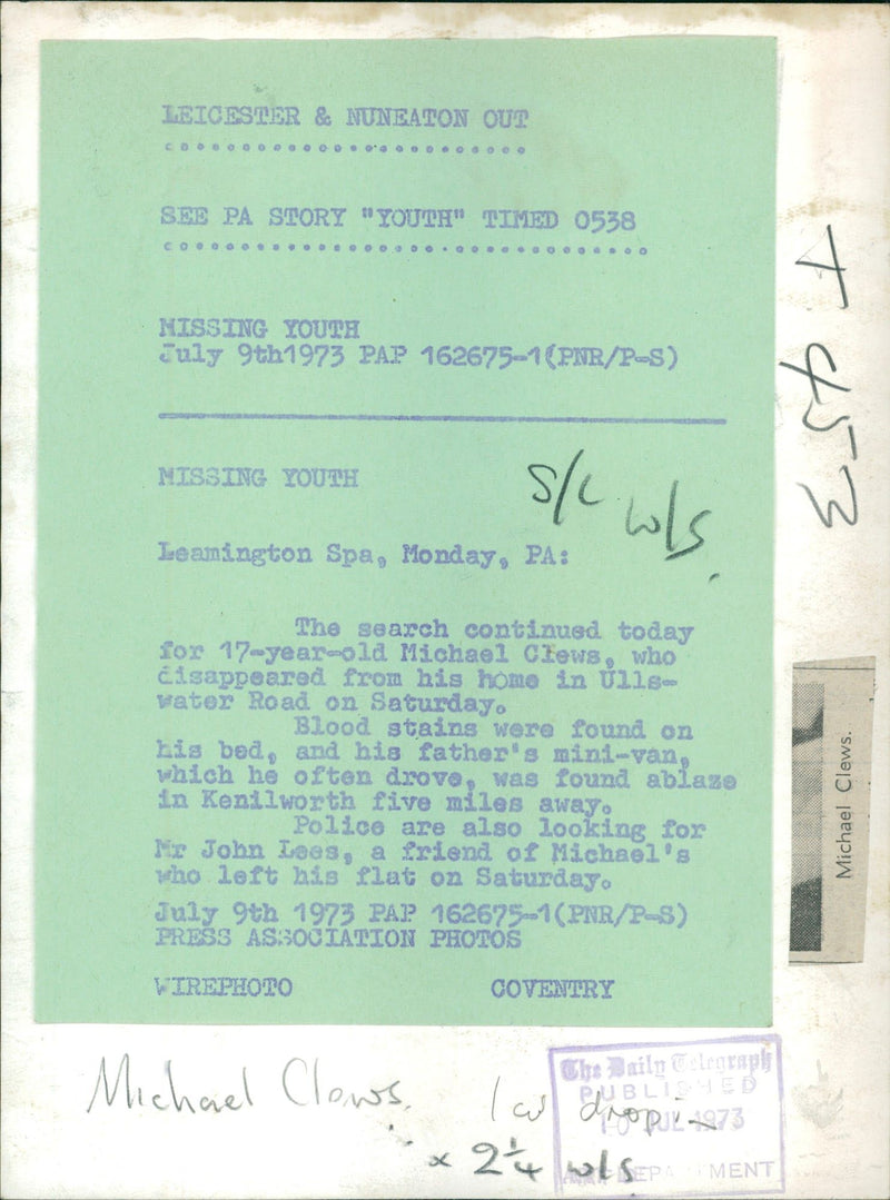 Murdered And Missing Persons 1973:Michael Clews. - Vintage Photograph