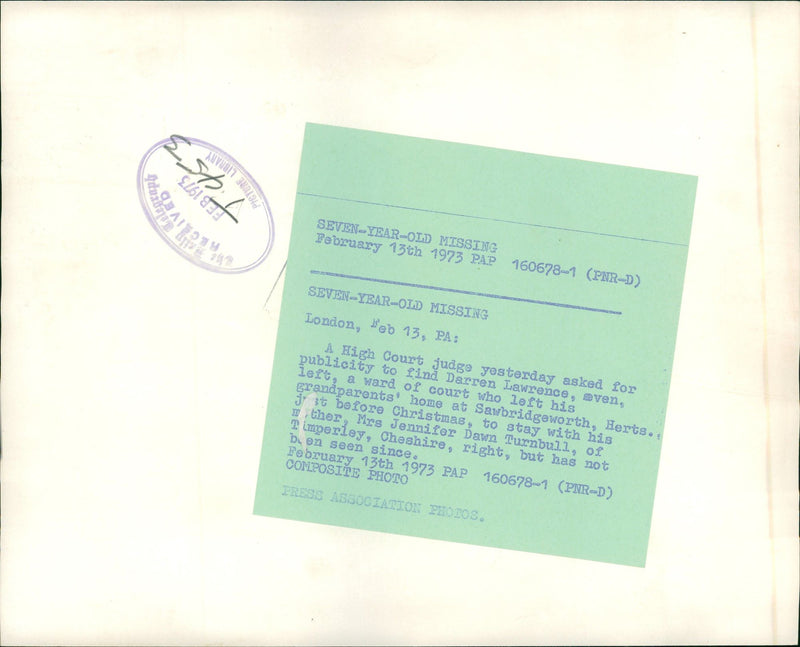 Murdered And Missing Persons 1973:Darren Lawrence. - Vintage Photograph