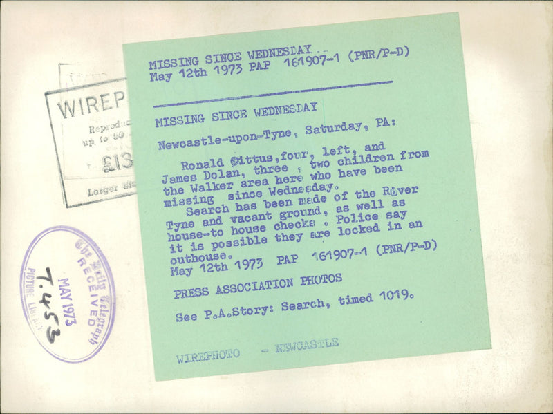 Murdered And Missing Persons 1973:Ronald Cittus and James Dolan. - Vintage Photograph