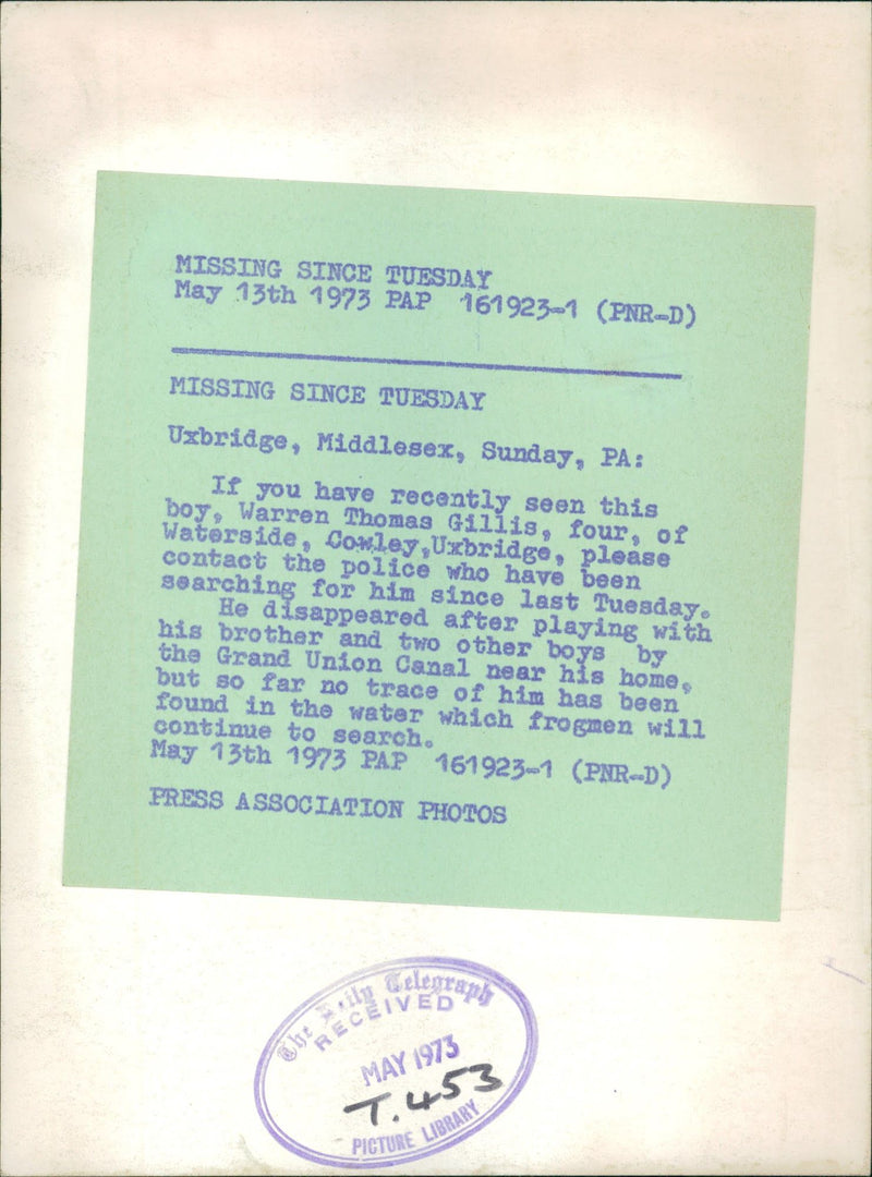 Murdered And Missing Persons 1973:Warren Thomas Gillis. - Vintage Photograph