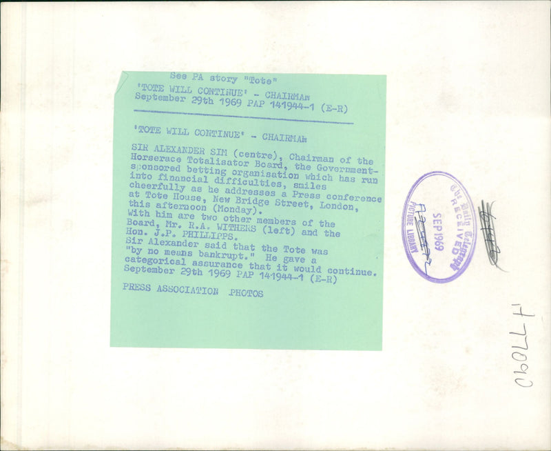 Sir Alexander Sim (c) announcing that 'Tote will continue' - Vintage Photograph