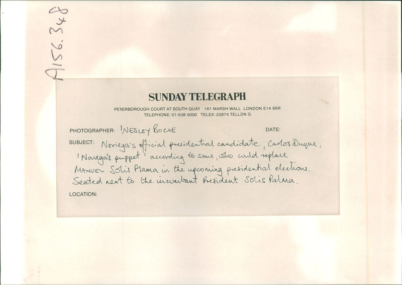 Presidential candidate Carlos Duque (l) sits with Manuel Solis Palma - Vintage Photograph