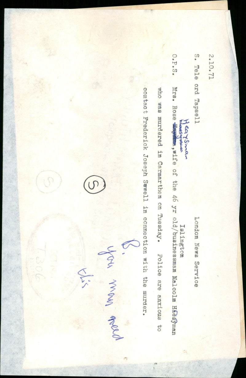 Murdered And Missing Person 1971:Mrs Rose. - Vintage Photograph