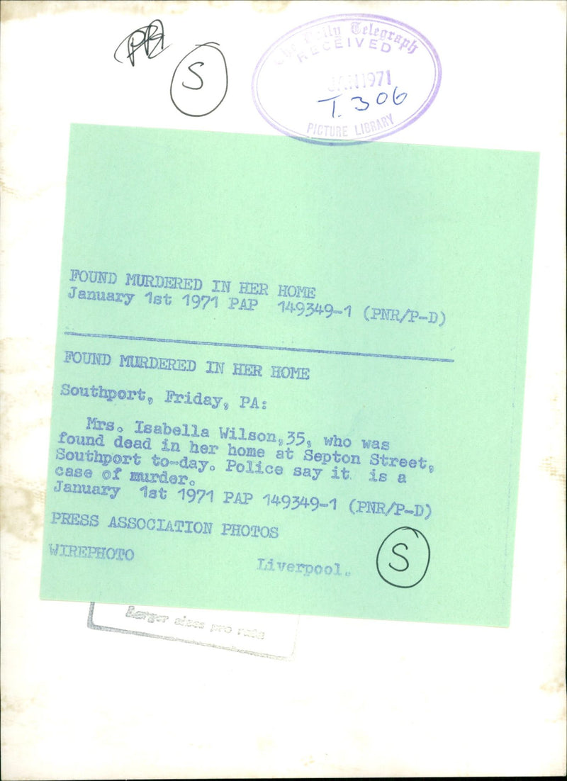 Murdered And Missing Person 1971:Mrs Isabella Wilson. - Vintage Photograph
