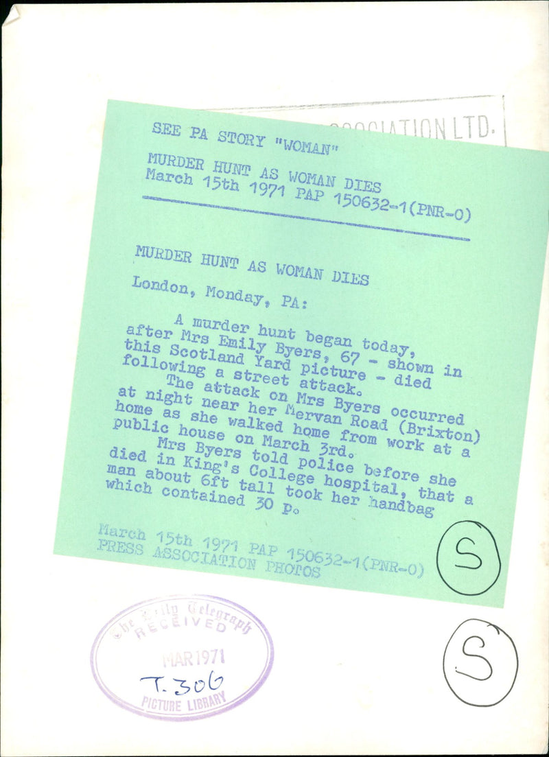 Murdered And Missing Person 1971:Mrs Emily Byers. - Vintage Photograph