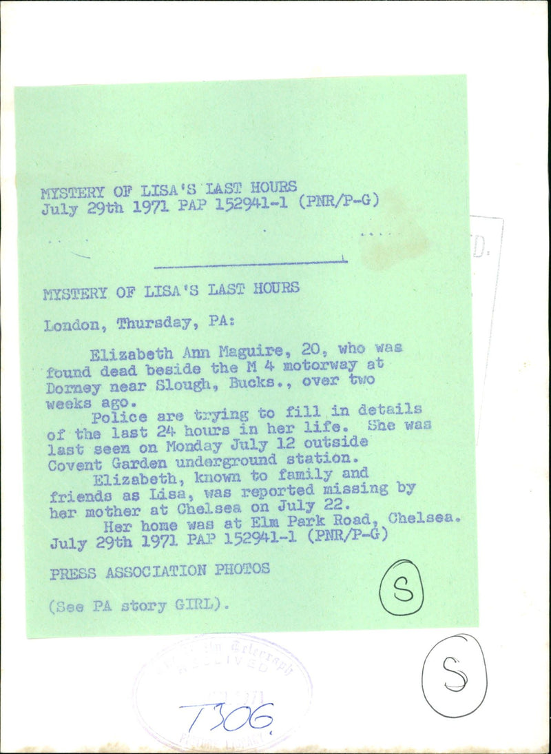 Murdered And Missing Person 1971:Elizabeth Ann. - Vintage Photograph