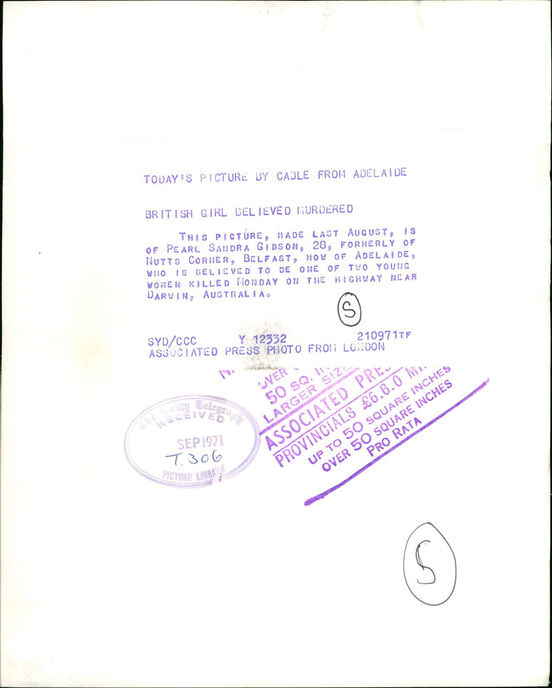 Murdered And Missing Person 1971:Pearl Sandra. - Vintage Photograph