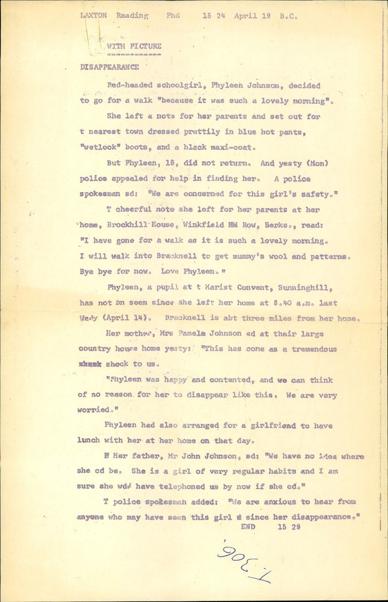 Murdered And Missing Person 1971: - Vintage Photograph