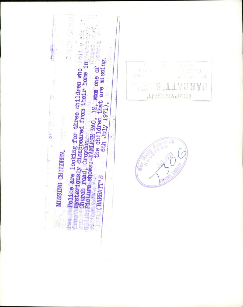 Murdered And Missing Person 1971:Kamlesh Rao. - Vintage Photograph